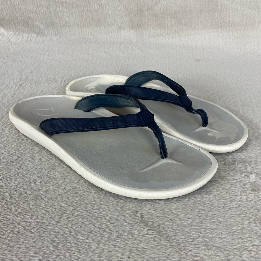 Olukai Pi'oe Women's Beach Sandals Flip Flops Size 7 Blue White Thong Water Grip